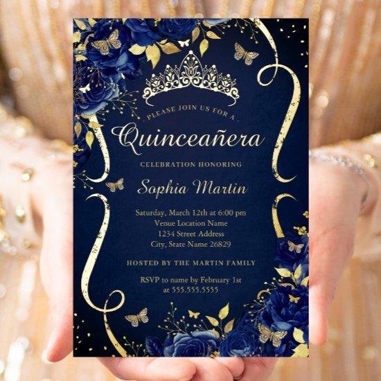 Royal Navy Gold Floral Butterfly Tiara Quinceanera Foil
