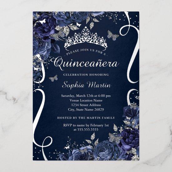 Royal Navy Scroll Floral Butterfly Quinceanera Foil