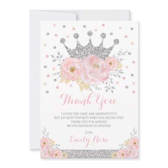 Royal Princess Crown Blush Pink Silver Birthday Thank You Card