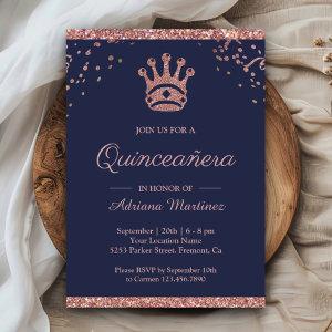Royal Princess Rose Gold Glitter Navy Quinceanera