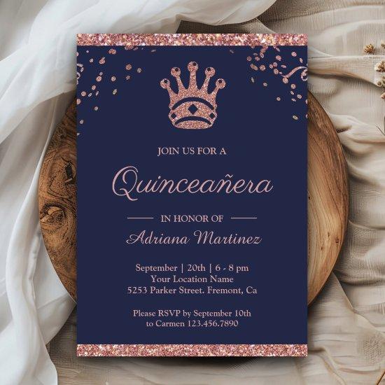 Royal Princess Rose Gold Glitter Navy Quinceanera