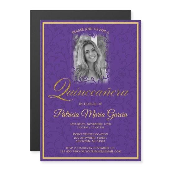 Royal purple floral vines photo quinceanera magnetic