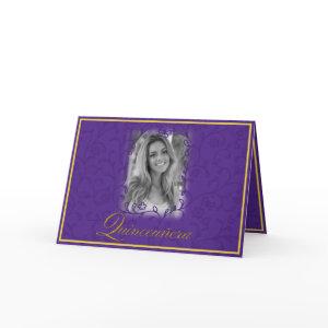 Royal purple floral vines with photo quinceanera card