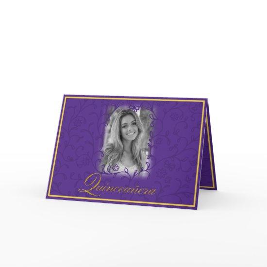 Royal purple floral vines with photo quinceanera card