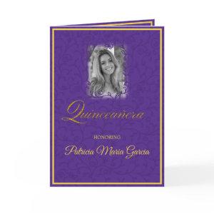 Royal purple floral vines with photo quinceanera card