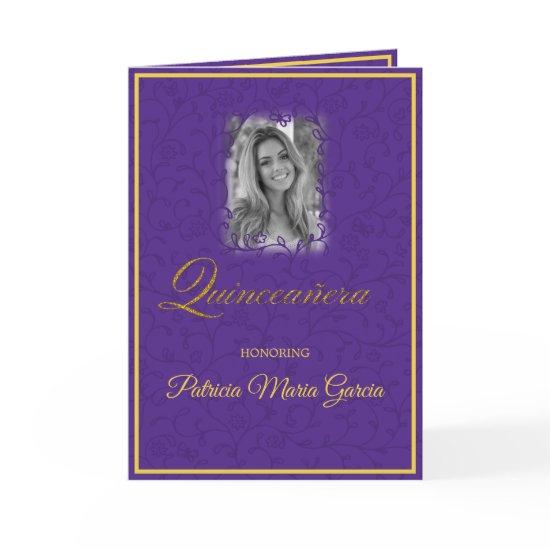 Royal purple floral vines with photo quinceanera card