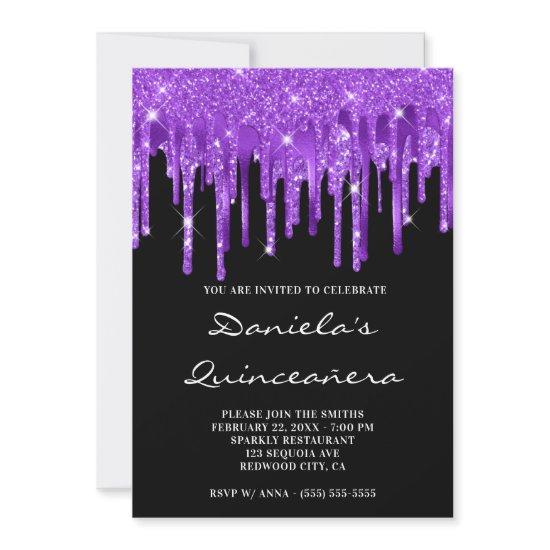 Royal Purple Glitter Foil Drips Black Quinceañera