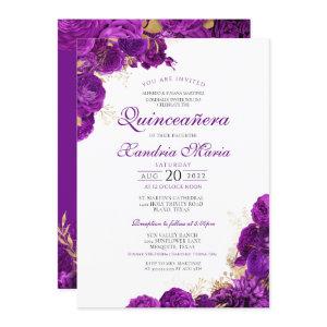 Royal Purple Gold Rose Floral Elegant Quinceanera