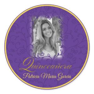 Royal purple photo quinceañera floral vines classic round sticker
