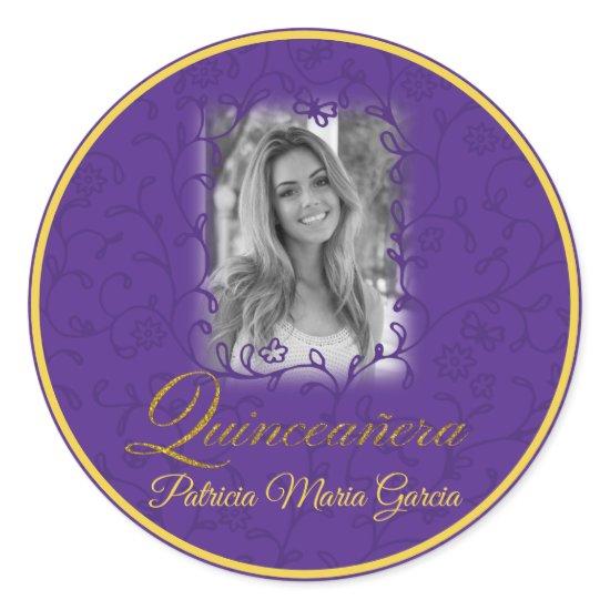 Royal purple photo quinceañera floral vines classic round sticker