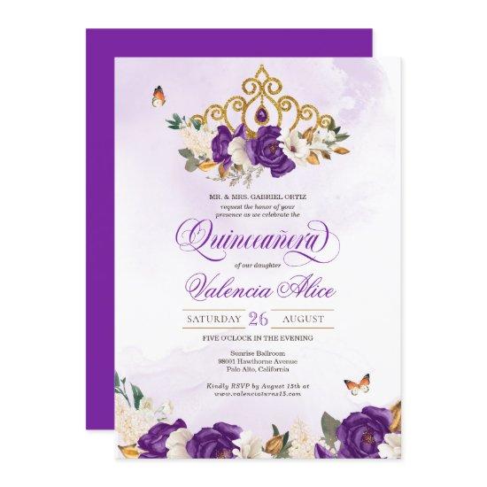 Royal Purple Rose Butterfly Gold Tiara Quince