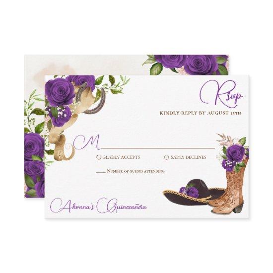 Royal Purple Violet Charro Western Quinceanera RSVP Card