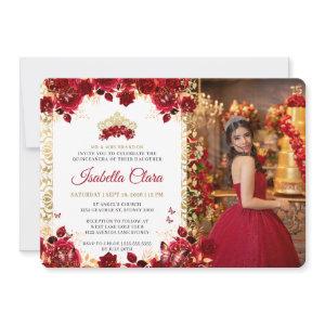 Royal Red Floral Gold Arch Photo Quinceanera