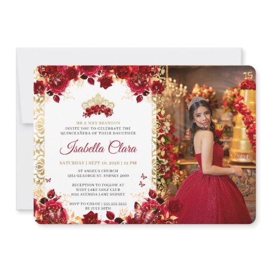 Royal Red Floral Gold Arch Photo Quinceanera