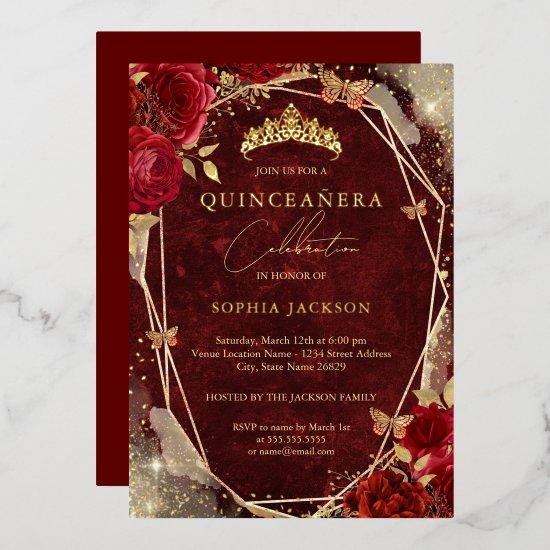 Royal Red Floral Rose Gold Tiara Quinceanera  Foil