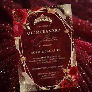 Royal Red Floral Rose Gold Tiara Quinceanera  Foil