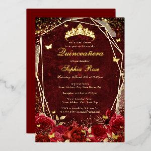 Royal Red Gold Floral Butterfly Tiara Quinceanera Foil
