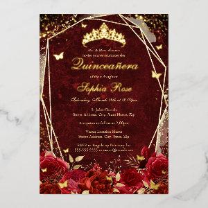 Royal Red Gold Floral Butterfly Tiara Quinceanera Foil