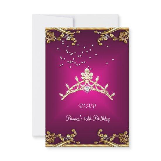 RSVP Quinceanera Birthday Pink Tiara Gold Diamond