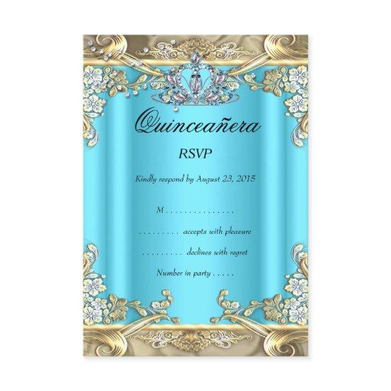 RSVP Quinceanera Blue Aqua Teal Gold 15th Birthday