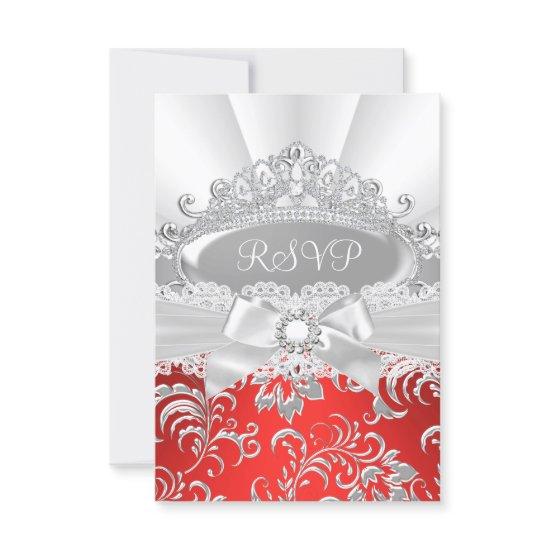 RSVP Reply Pretty Tiara & Bow Red Quinceañera
