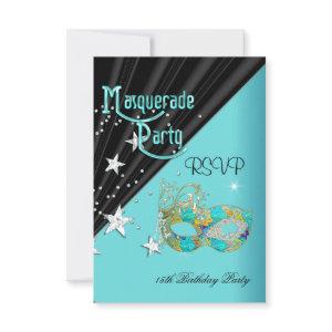 RSVP Reply Response Birthday Party Teal Gold Mask