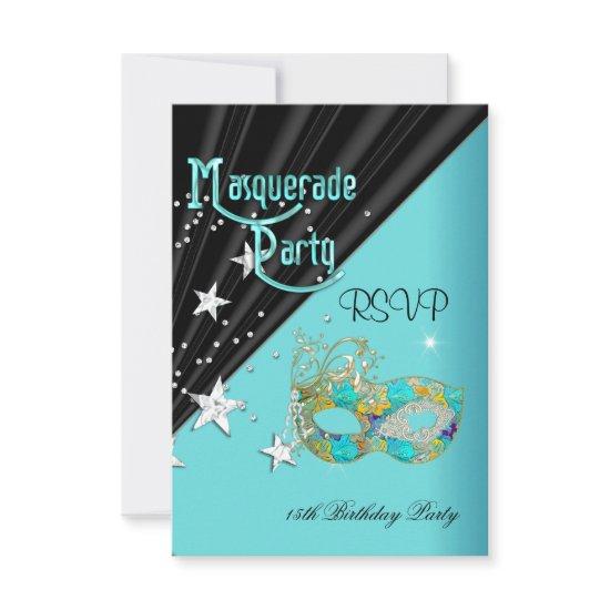 RSVP Reply Response Birthday Party Teal Gold Mask