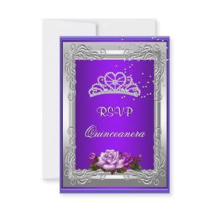 RSVP Reply Response Purple Silver Rose Quinceanera