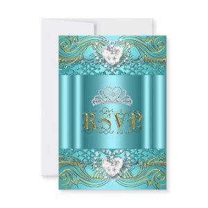 RSVP Reply Response Teal Blue Gold Quinceanera