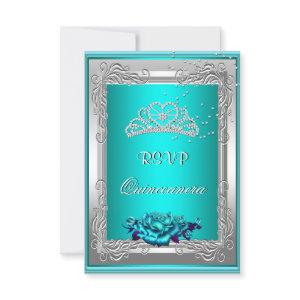 RSVP Reply Response Teal Silver Roses Quinceanera