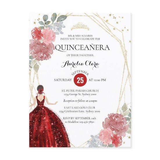 Ruby Red Floral Geometric Quinceañera  Postcard