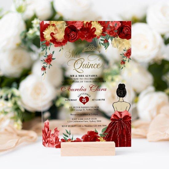 Ruby Red Floral Princess Mis Quince Quinceañera Acrylic