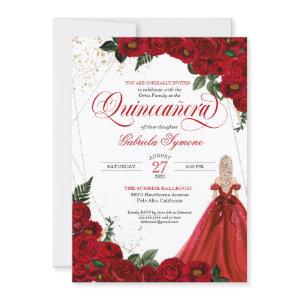 Ruby Red Floral Rose & Gold Elegant Quinceañera In