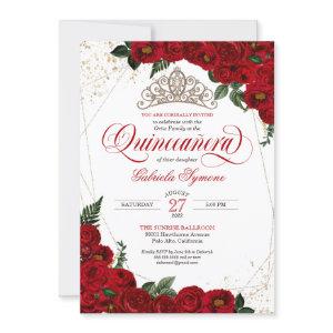 Ruby Red Floral Rose & Gold Elegant Quinceañera