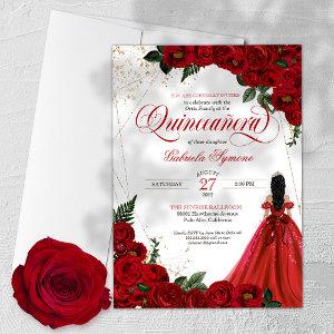 Ruby Red Floral Rose & Gold Elegant Quinceañera