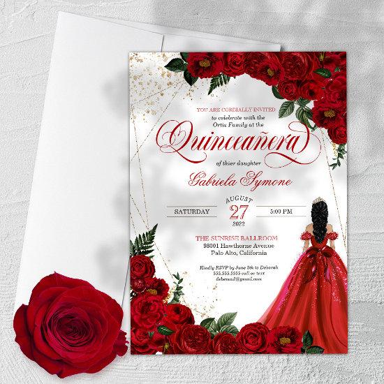 Ruby Red Floral Rose & Gold Elegant Quinceañera