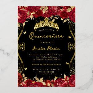 Ruby Red Gold Swirl Scroll Floral Quinceanera  Foil