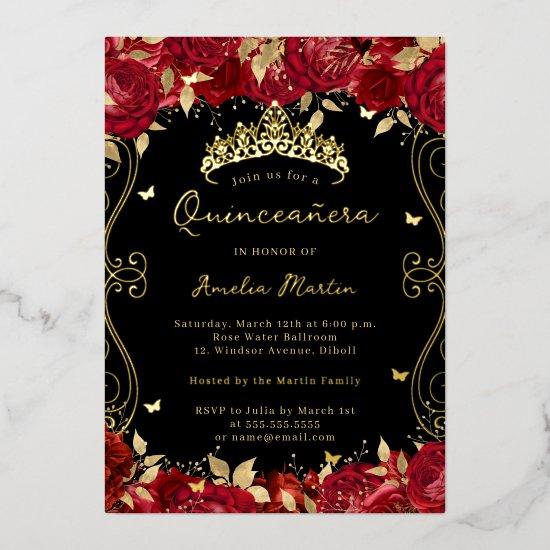 Ruby Red Gold Swirl Scroll Floral Quinceanera  Foil