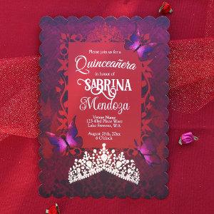 Ruby Red, Gold Tiara, Pink Butterflies Quinceanera