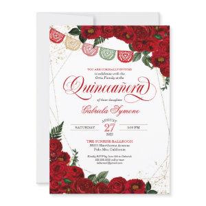 Ruby Red Rose & Gold Papel Picado Quinceañera