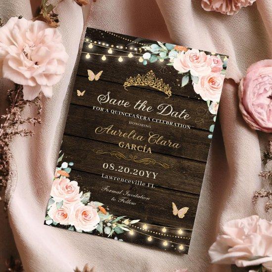 Rustic Blush Floral Enchanted Forest Quinceañera Save The Date