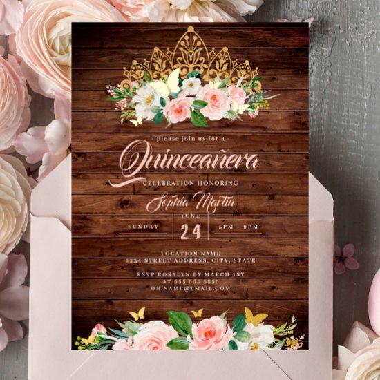 Rustic Blush Floral Tiara Quinceanera Foil