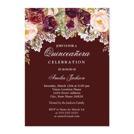 Rustic Burgundy Floral Lace Quinceanera