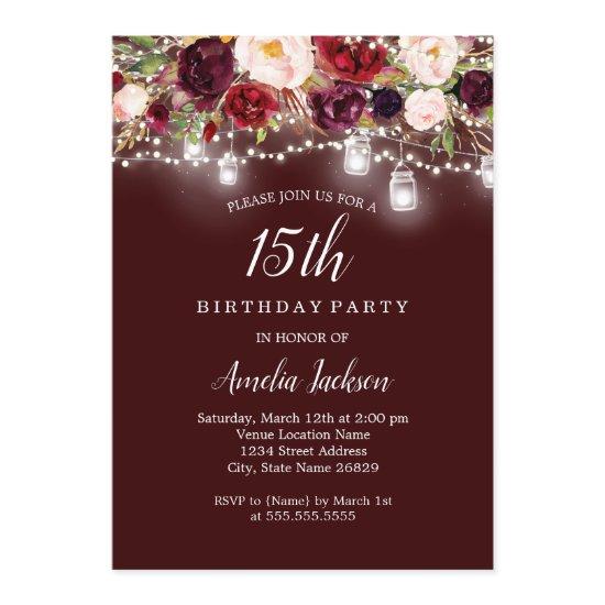 Rustic Burgundy Floral Lights 15th Birthday