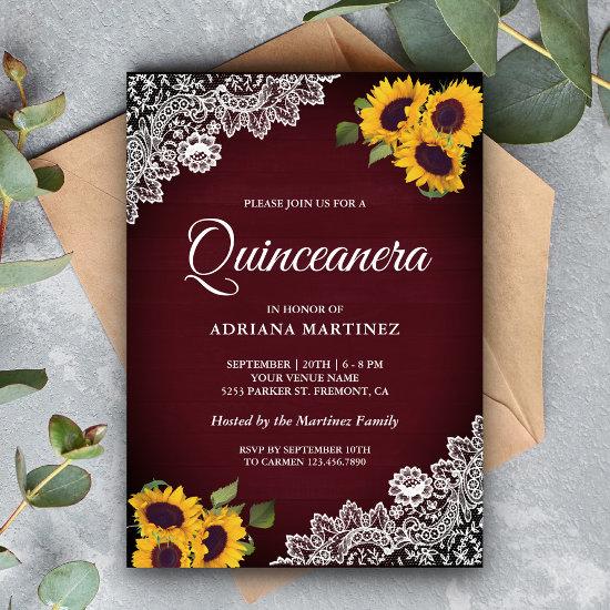 Rustic Burgundy Wood Lace Sunflower Quinceanera