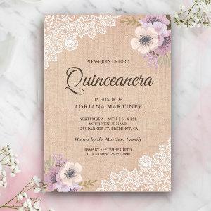 Rustic Burlap Lace Pink Floral Quinceanera