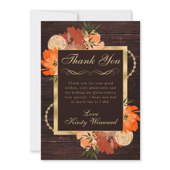 Rustic Burnt Orange Fall Flowers Quinceanera Thank You Card
