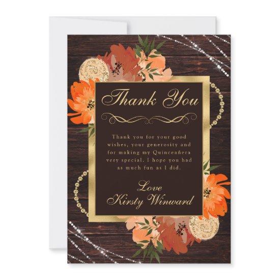 Rustic Burnt Orange Fall Flowers Quinceanera Thank You Card