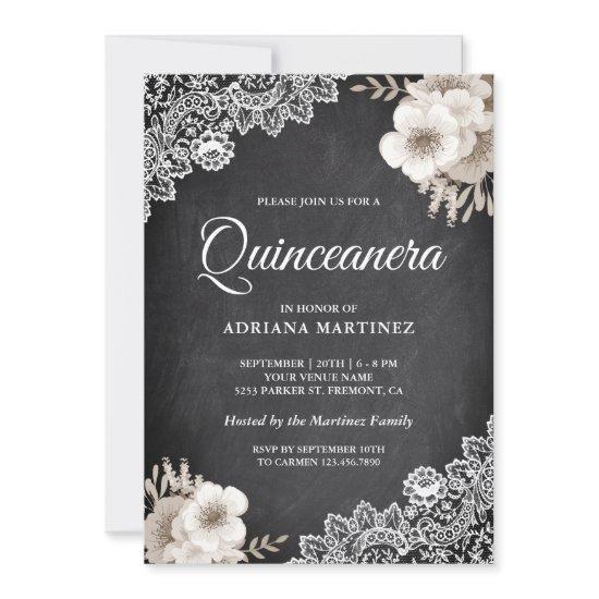 Rustic Chalkboard Lace Ivory Floral Quinceanera