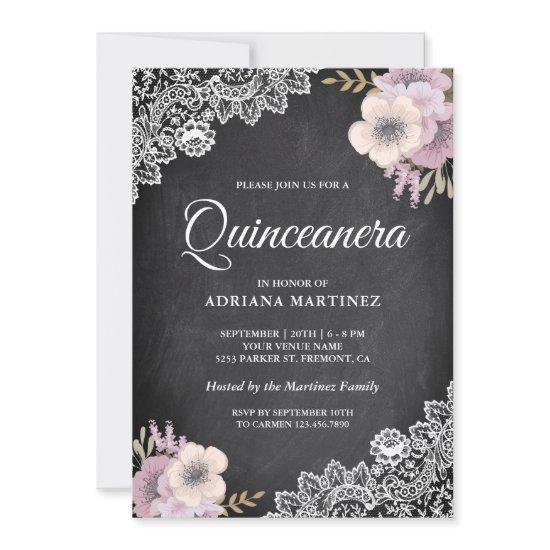 Rustic Chalkboard Lace Pink Floral Quinceanera